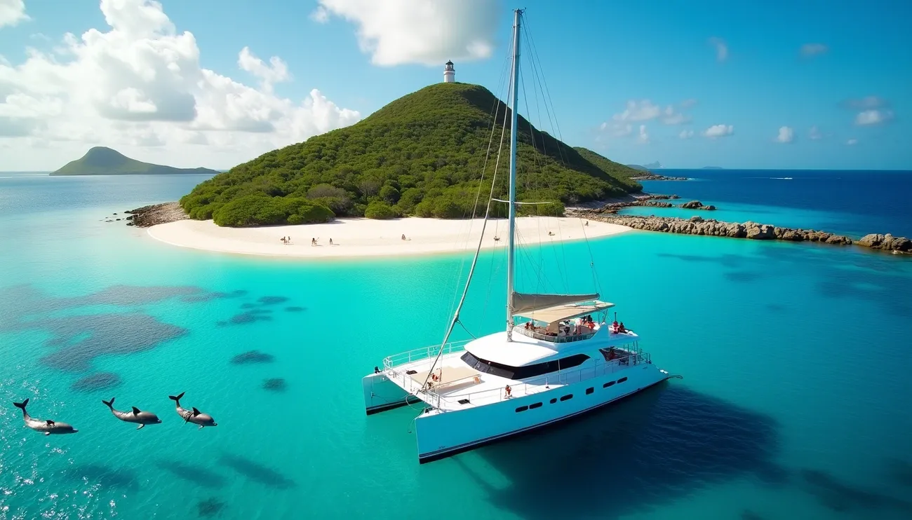 White catamaran sailing in turquoise waters near a green island with a lighthouse and dolphins swimming nearby in Mauritius.