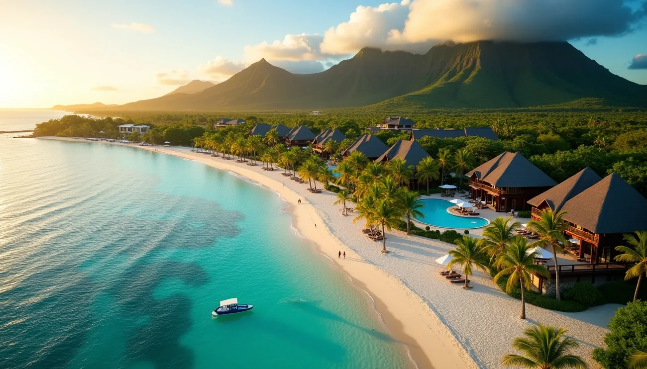 Aerial view of a tropical Mauritius beach resort with turquoise water, palm trees, and mountains under a cloudy sky at sunset.